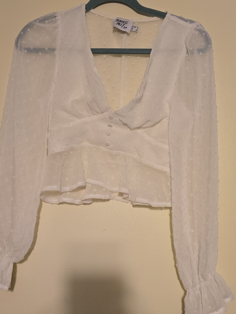 Princess Polly White Swiss Dot V-Neck Ruffle Peplum Blouse